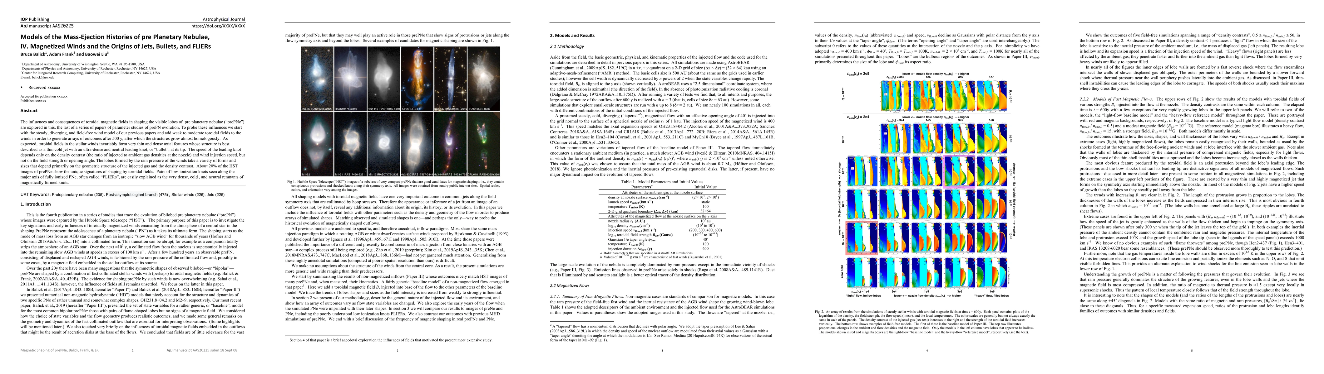 Thumbnail for Models of the Mass-Ejection Histories of pre Planetary Nebulae, IV.
  Magnetized Winds and the Origins of Jets, Bullets, and FLIERs