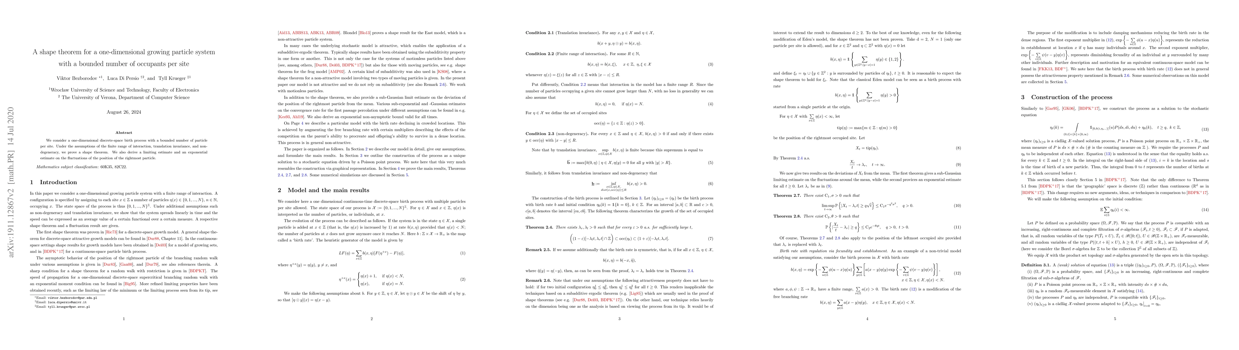 Thumbnail for Shape theorem for a one-dimensional growing particle system with a
  bounded number of occupants per site