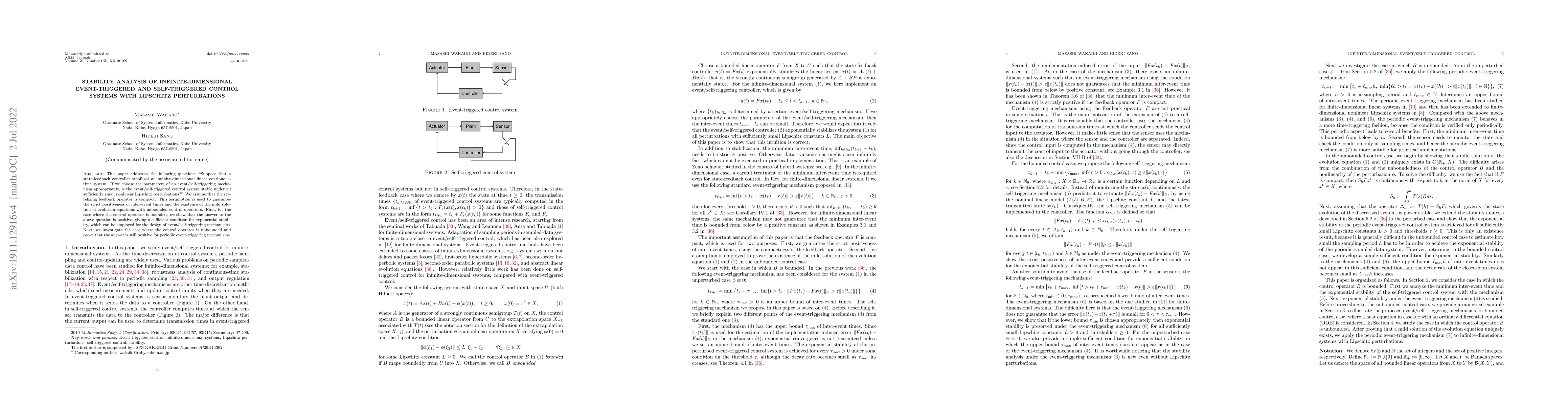 Thumbnail for Stability Analysis of Infinite-dimensional Event-triggered and
  Self-triggered Control Systems with Lipschitz Perturbations