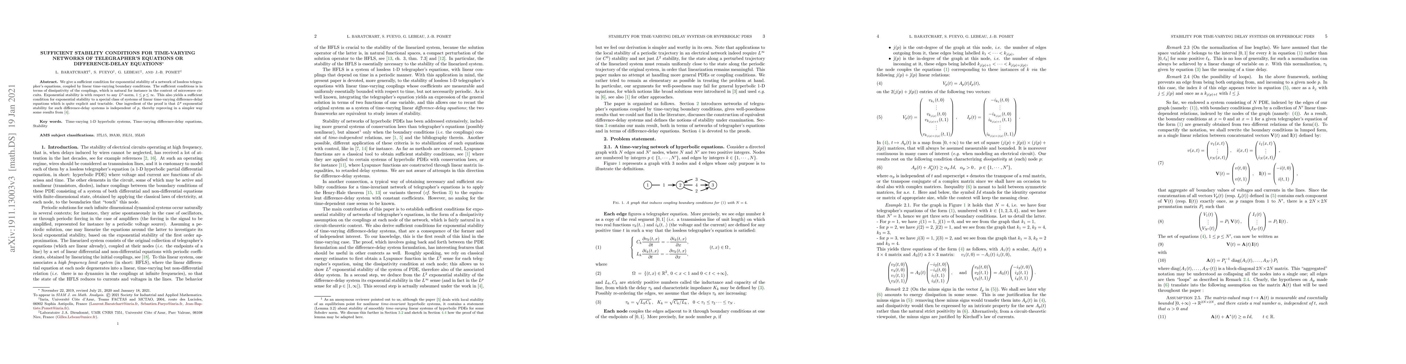 Thumbnail for Sufficient Stability Conditions for Time-varying Networks of
  Telegrapher's Equations or Difference Delay Equations