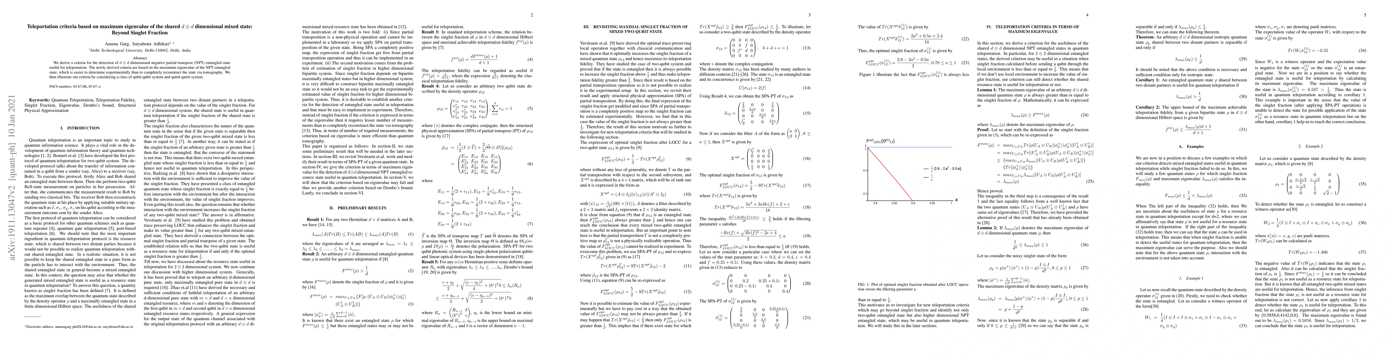 Thumbnail for Teleportation criteria based on maximum eigenvalue of the shared
  $d\otimes d$ dimenional mixed state: Beyond Singlet Fraction