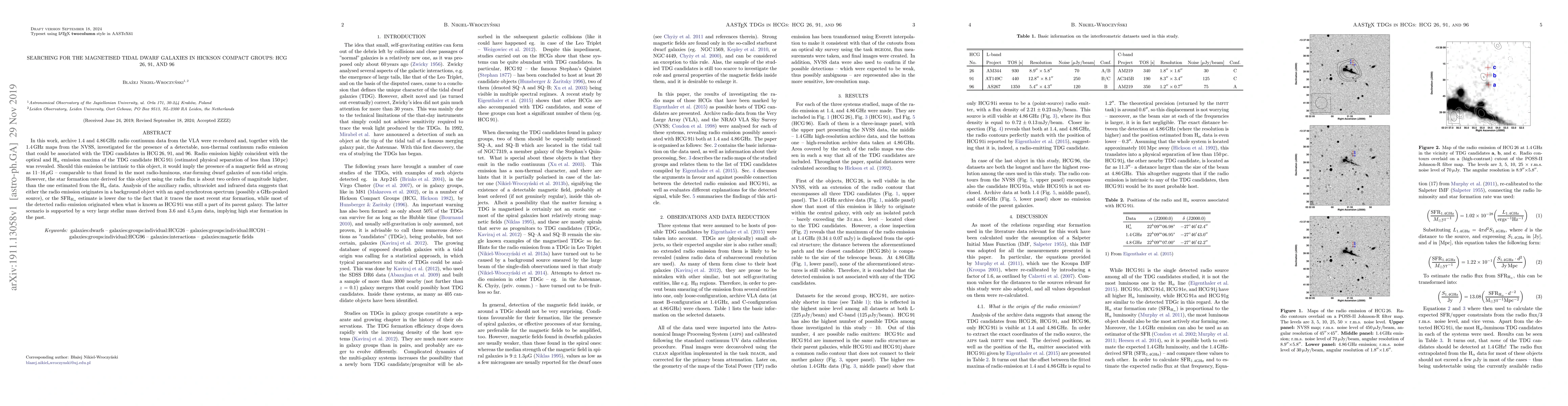 Thumbnail for Searching for the magnetised Tidal Dwarf Galaxies in Hickson Compact
  Groups: HCG 26, 91, and 96