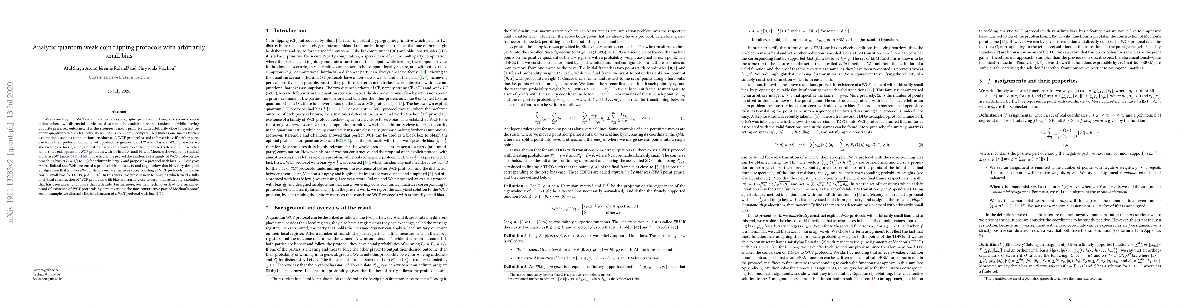 Thumbnail for Analytic quantum weak coin flipping protocols with arbitrarily small
  bias