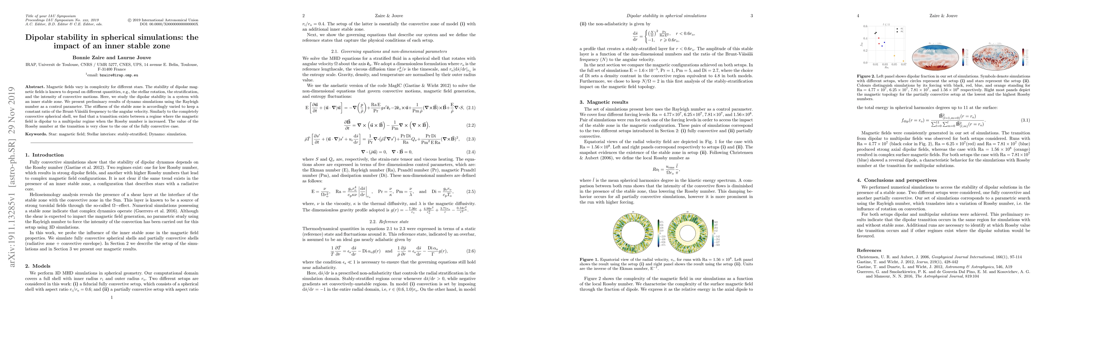 Thumbnail for Dipolar stability in spherical simulations: the impact of an inner
  stable zone