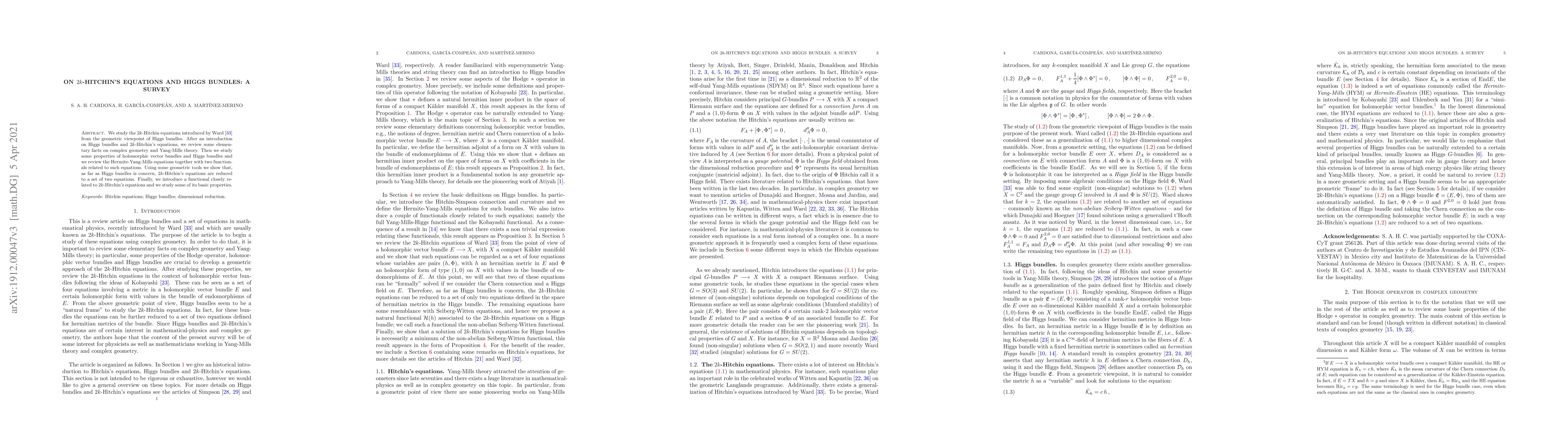 Thumbnail for On $2k$-Hitchin's equations and Higgs bundles: a survey