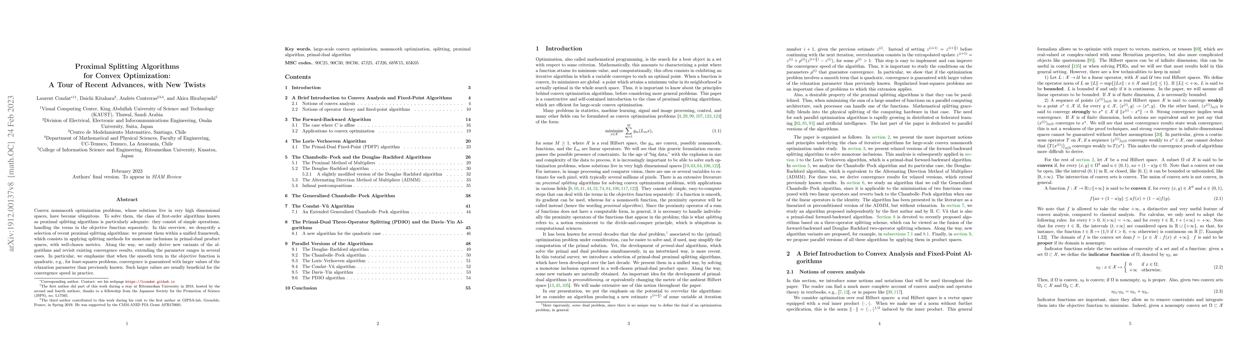 Thumbnail for Proximal Splitting Algorithms for Convex Optimization: A Tour of Recent
  Advances, with New Twists