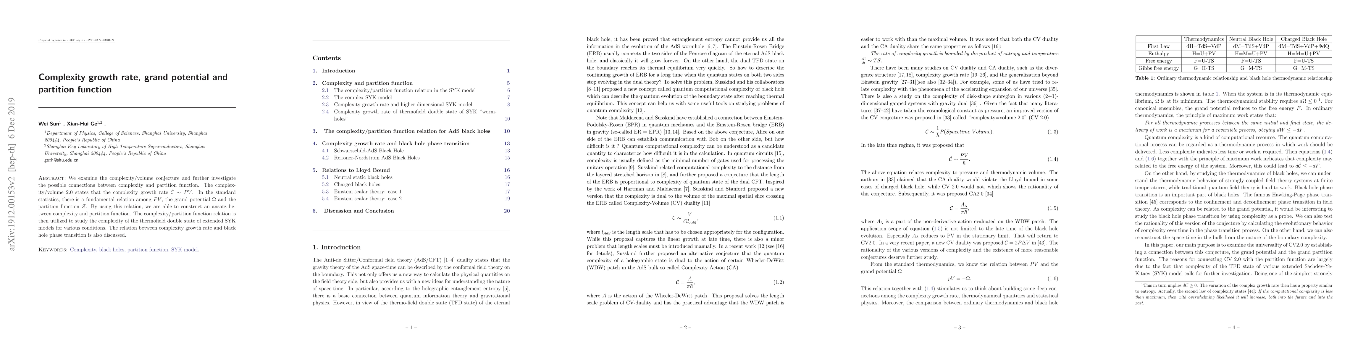 Thumbnail for Complexity growth rate, grand potential and partition function