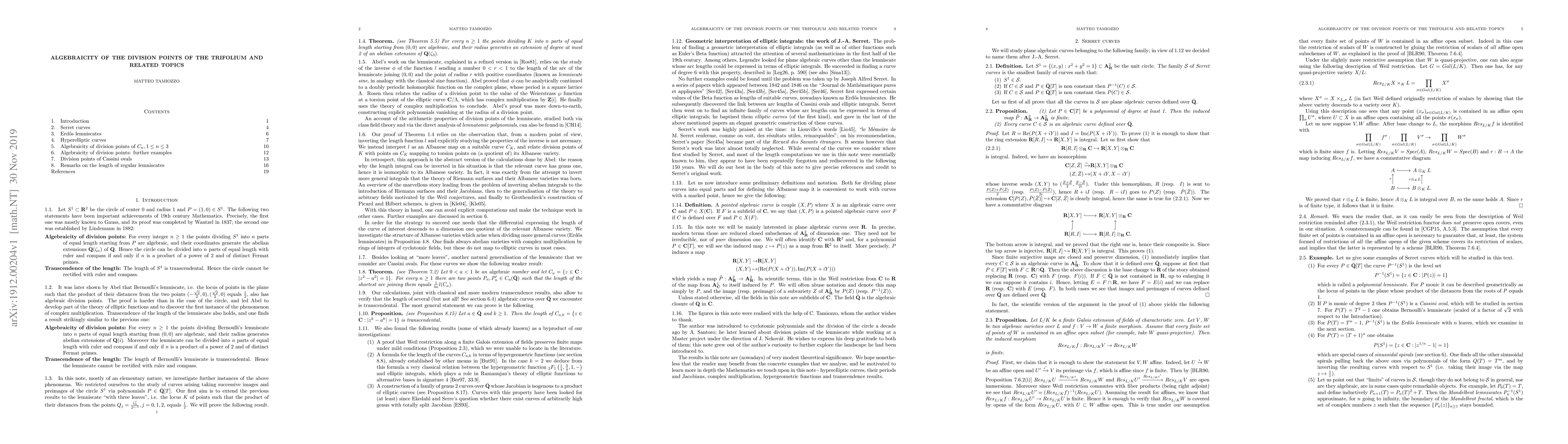 Thumbnail for Algebraicity of the division points of the trifolium and related topics