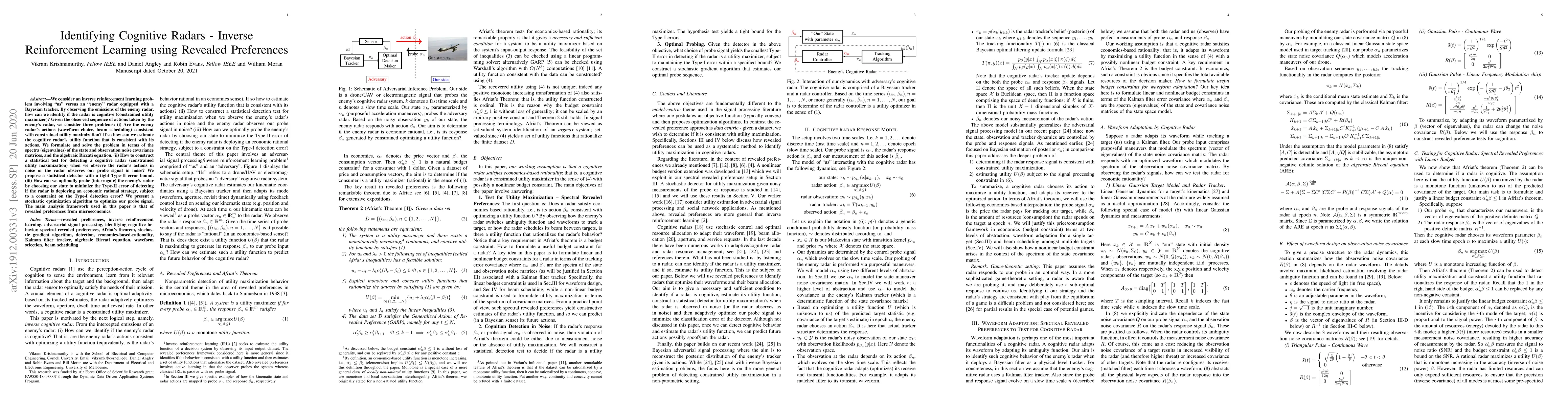 Thumbnail for Identifying Cognitive Radars -- Inverse Reinforcement Learning using
  Revealed Preferences