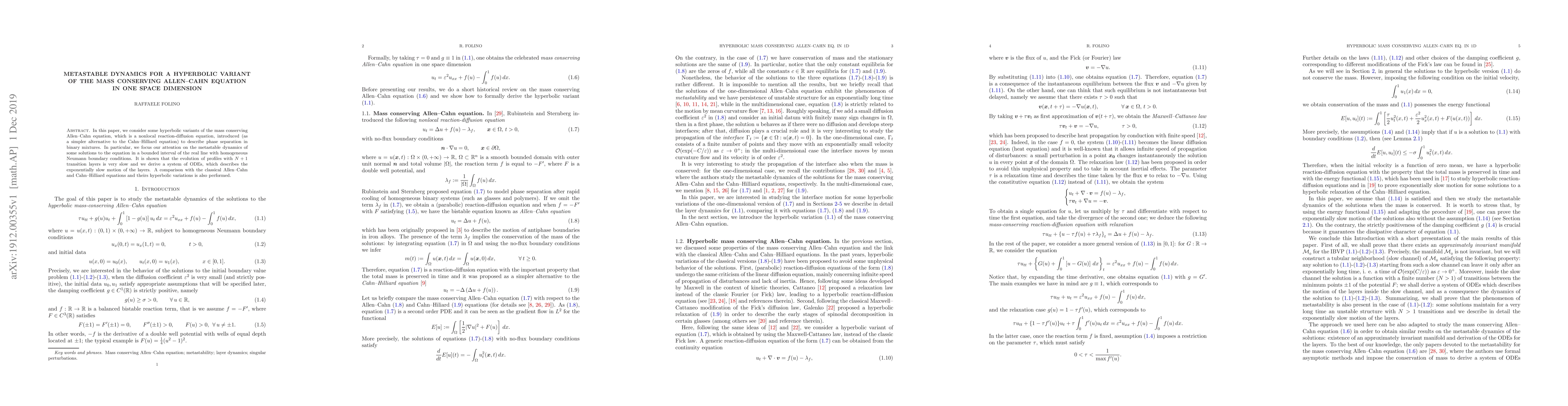 Thumbnail for Metastable dynamics for a hyperbolic variant of the mass conserving
  Allen-Cahn equation in one space dimension