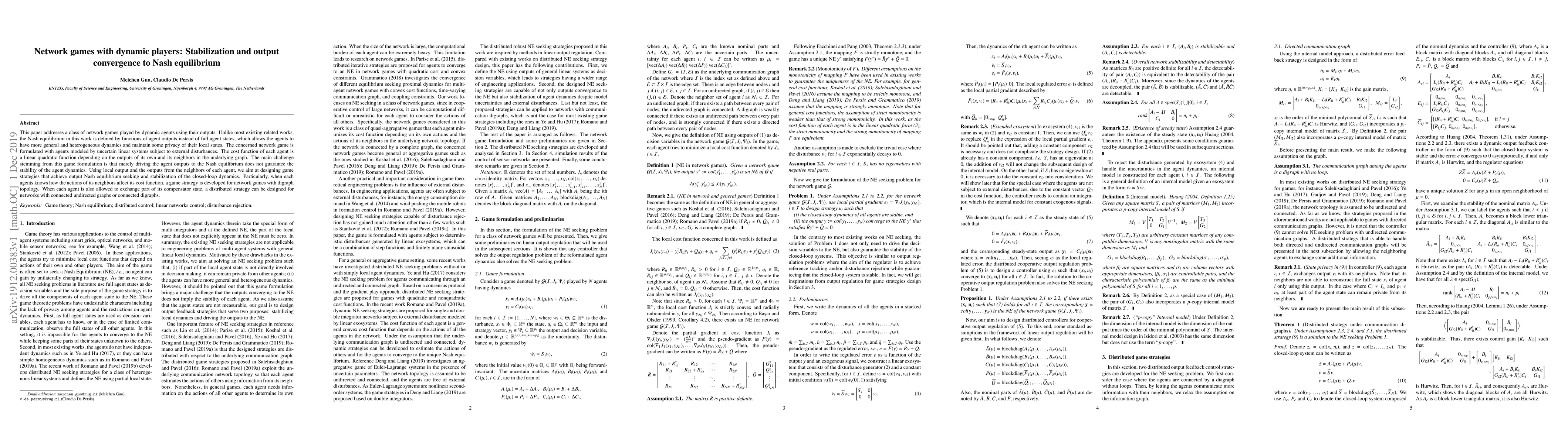 Thumbnail for Network games with dynamic players: Stabilization and output convergence
  to Nash equilibrium