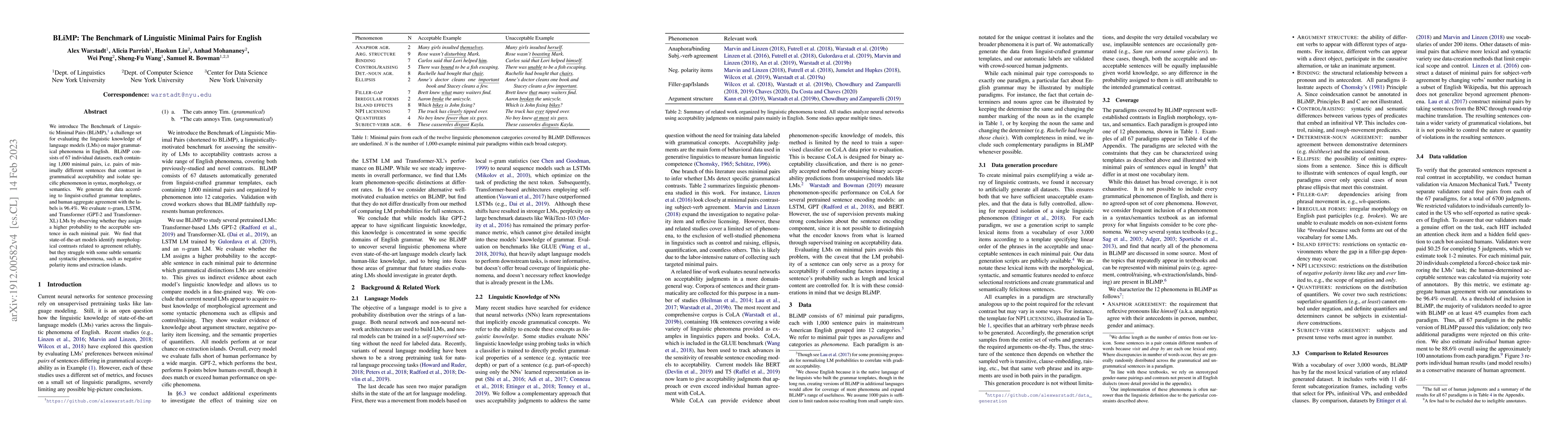 Thumbnail for BLiMP: The Benchmark of Linguistic Minimal Pairs for English