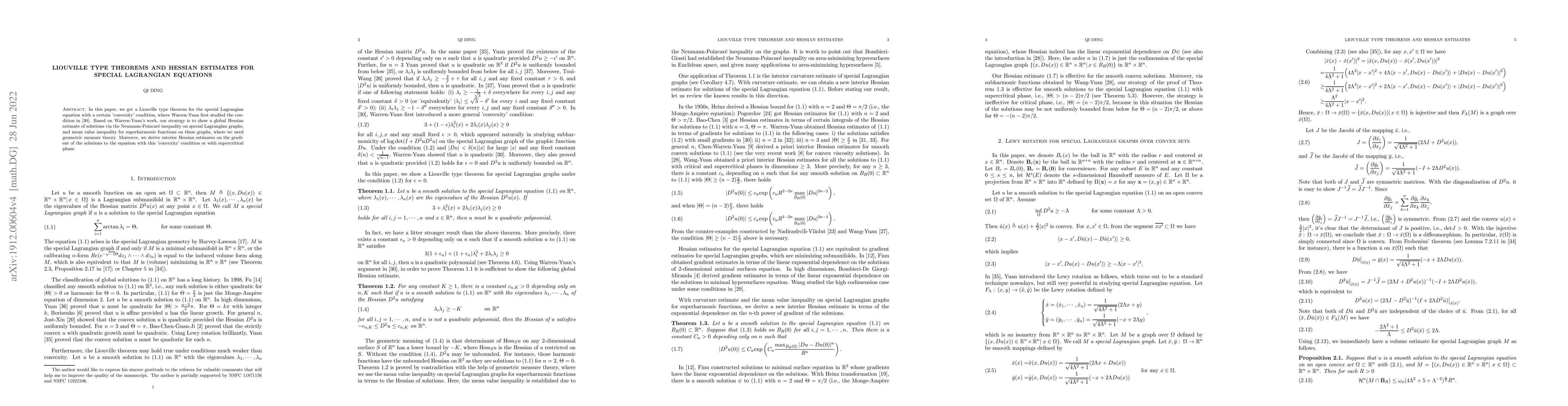 Thumbnail for Liouville type theorems and Hessian estimates for special Lagrangian
  equations