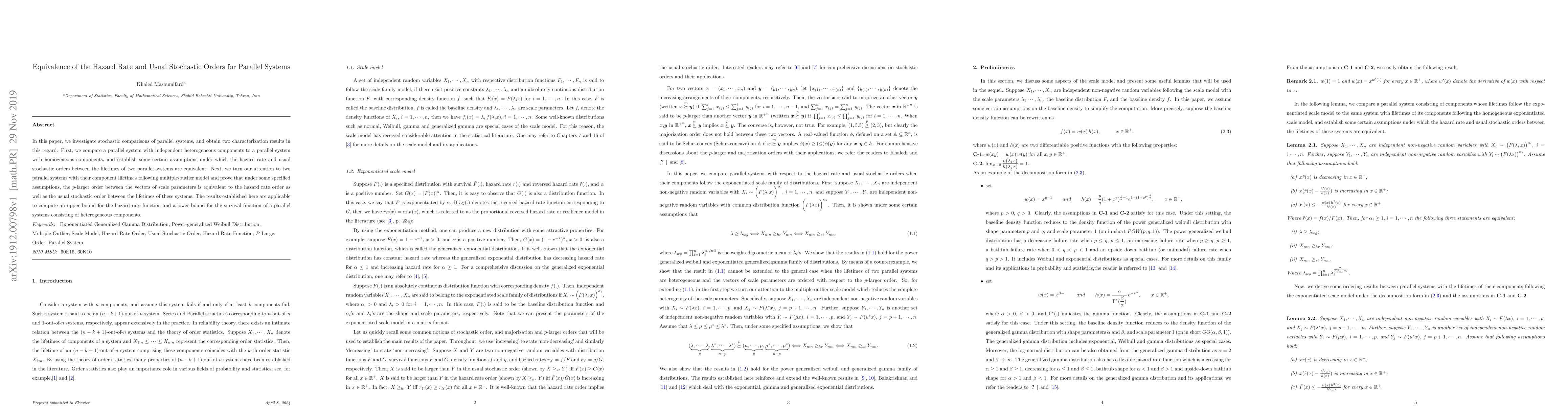 Thumbnail for Equivalence of the Hazard Rate and Usual Stochastic Orders for Parallel
  Systems