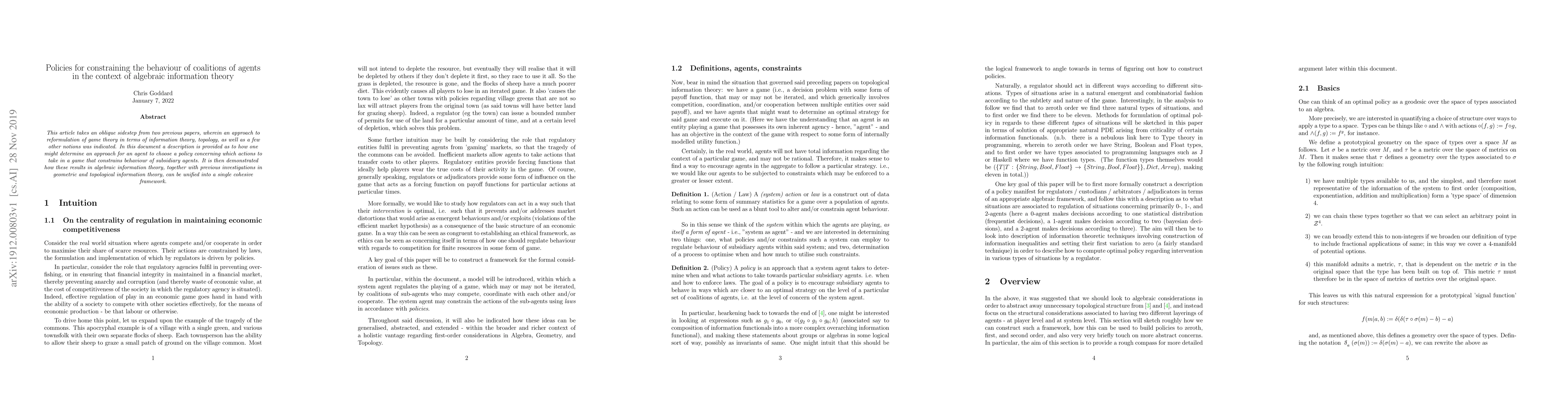Thumbnail for Policies for constraining the behaviour of coalitions of agents in the
  context of algebraic information theory