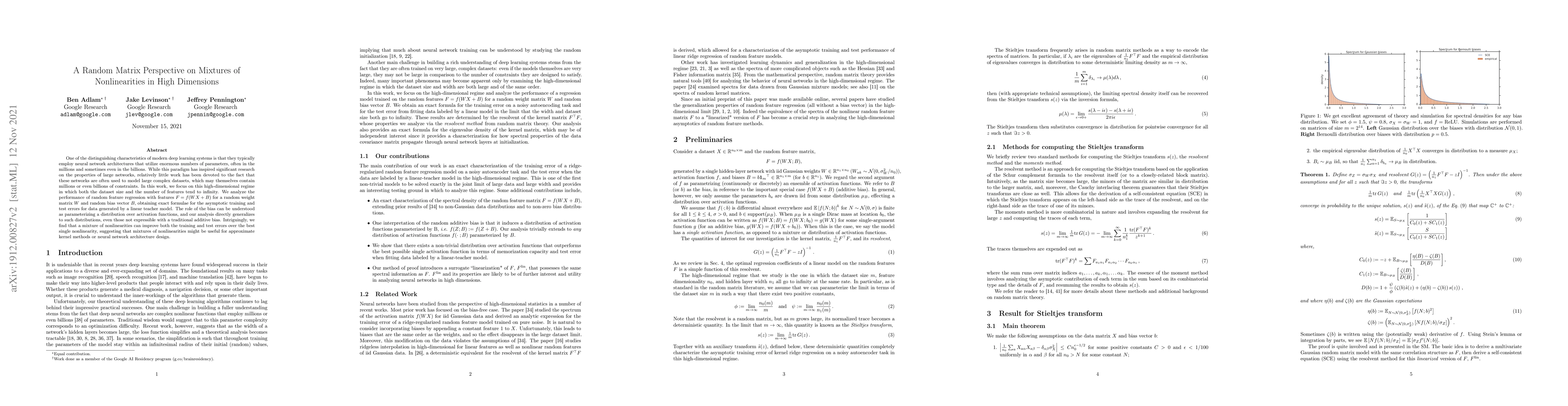 Thumbnail for A Random Matrix Perspective on Mixtures of Nonlinearities for Deep
  Learning