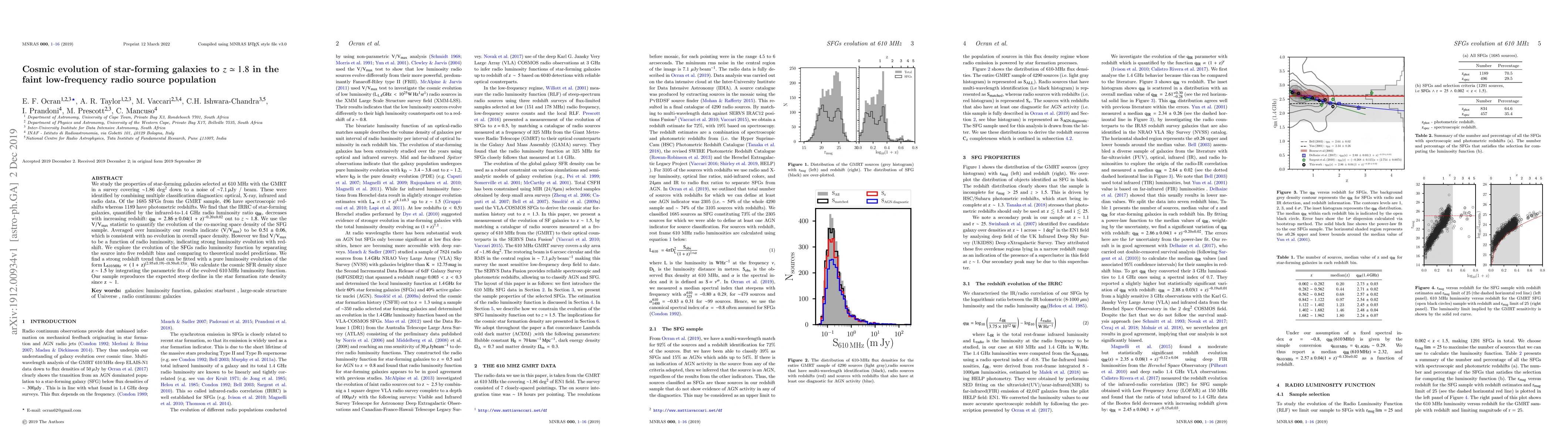 Thumbnail for Cosmic evolution of star-forming galaxies to $z \simeq 1.8$ in the faint
  low-frequency radio source population