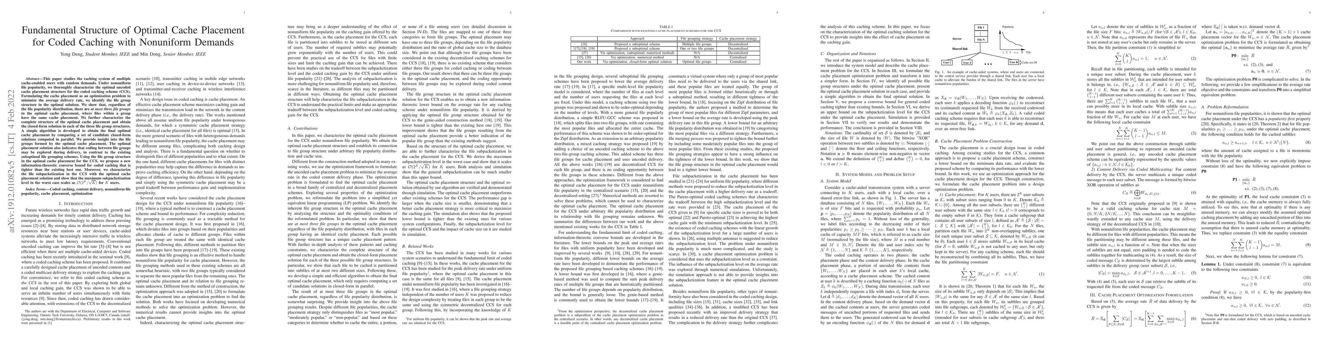 Thumbnail for Fundamental Structure of Optimal Cache Placement for Coded Caching with
  Nonuniform Demands