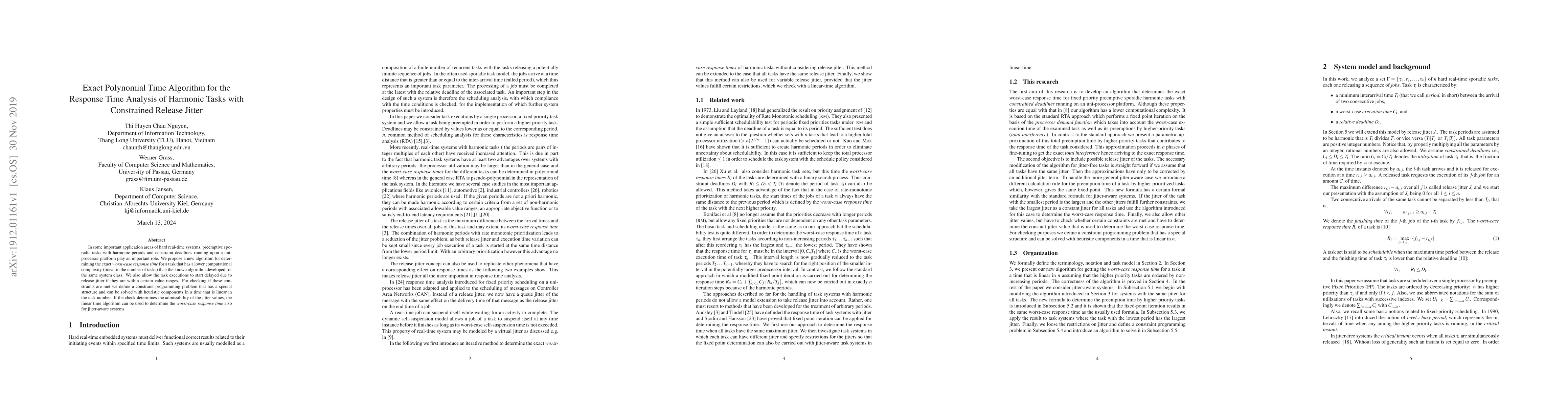 Thumbnail for Exact Polynomial Time Algorithm for the Response Time Analysis of
  Harmonic Tasks with Constrained Release Jitter