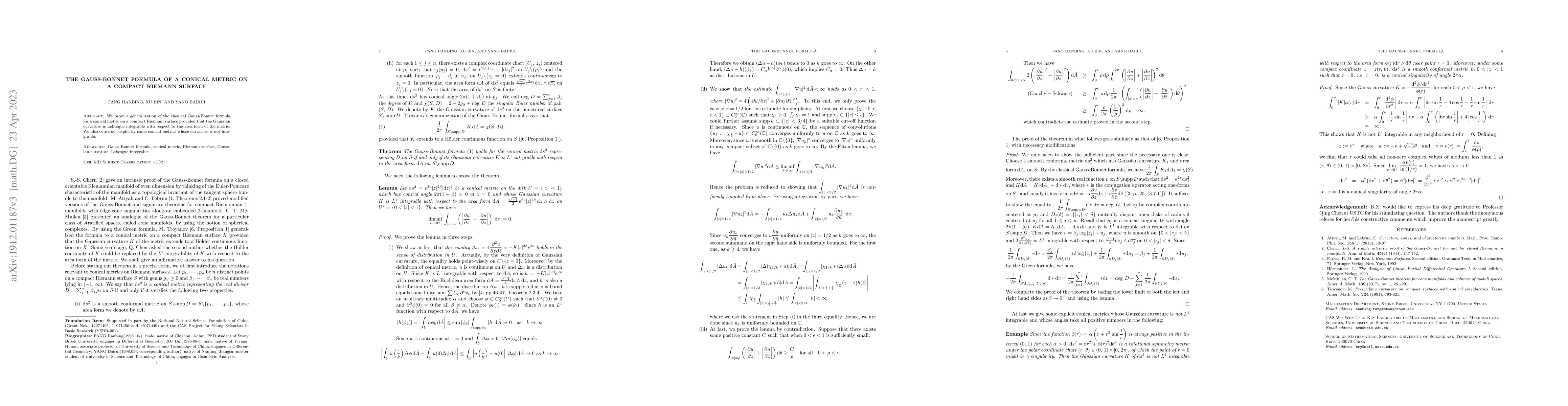 Thumbnail for The Gauss-Bonnet formula of a conical metric on a compact Riemann
  surface