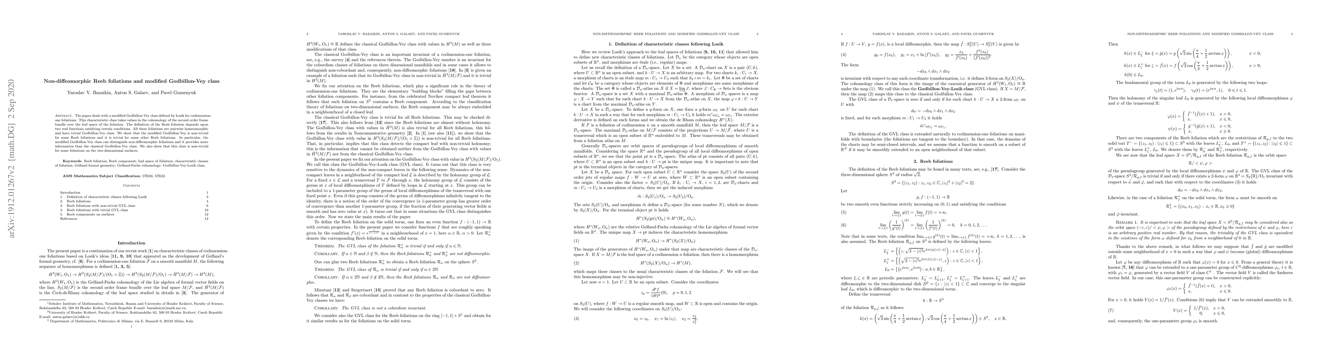 Thumbnail for Non-diffeomorphic Reeb foliations and modified Godbillon-Vey class