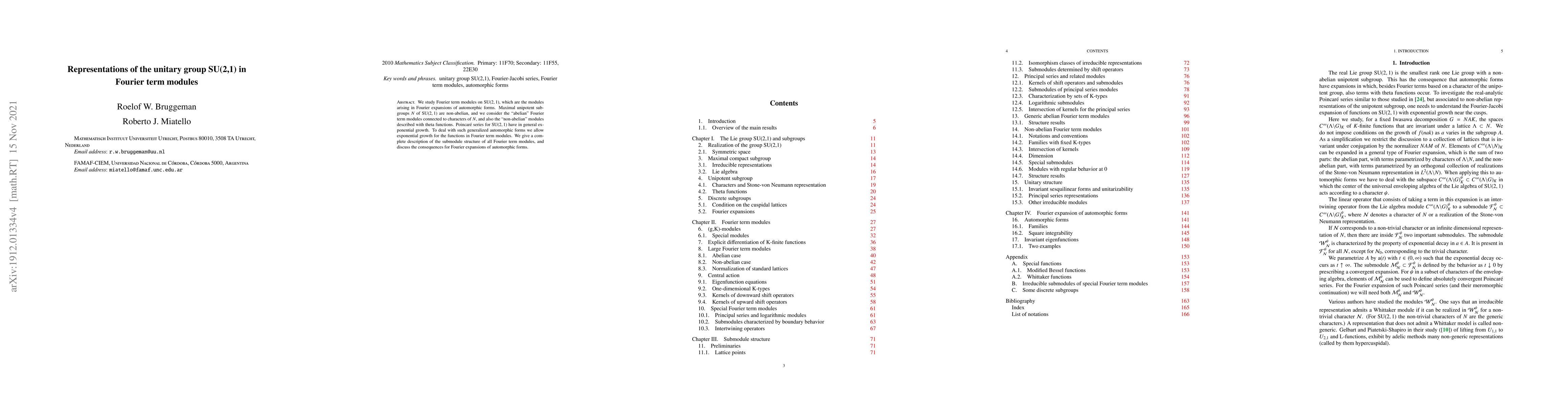 Thumbnail for Representations of the unitary group SU(2,1) in Fourier term modules