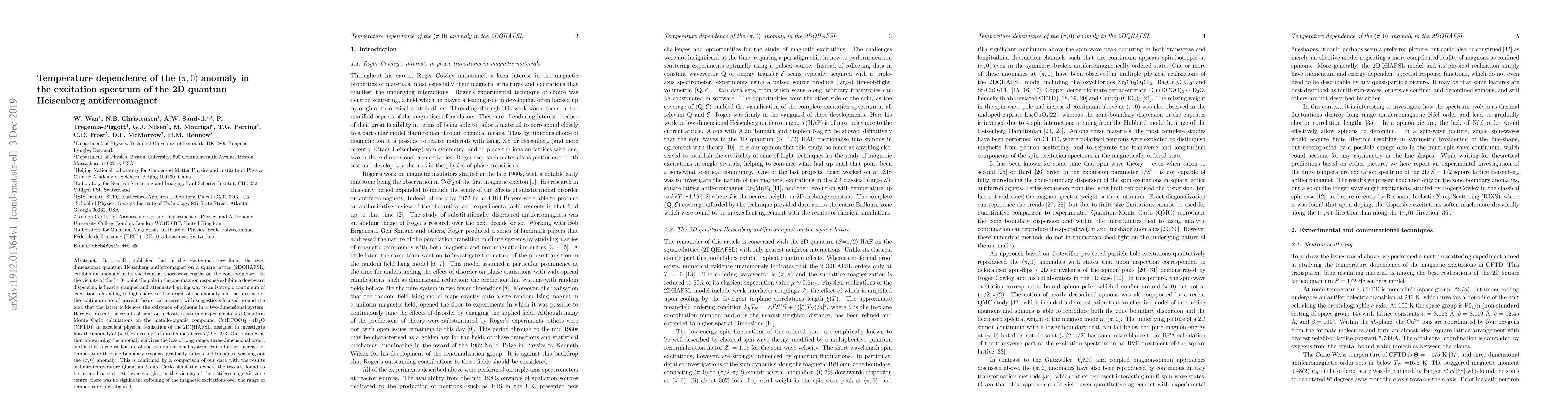 Thumbnail for Temperature dependence of the $(\pi,0)$ anomaly in the excitation
  spectrum of the 2D quantum Heisenberg antiferromagnet