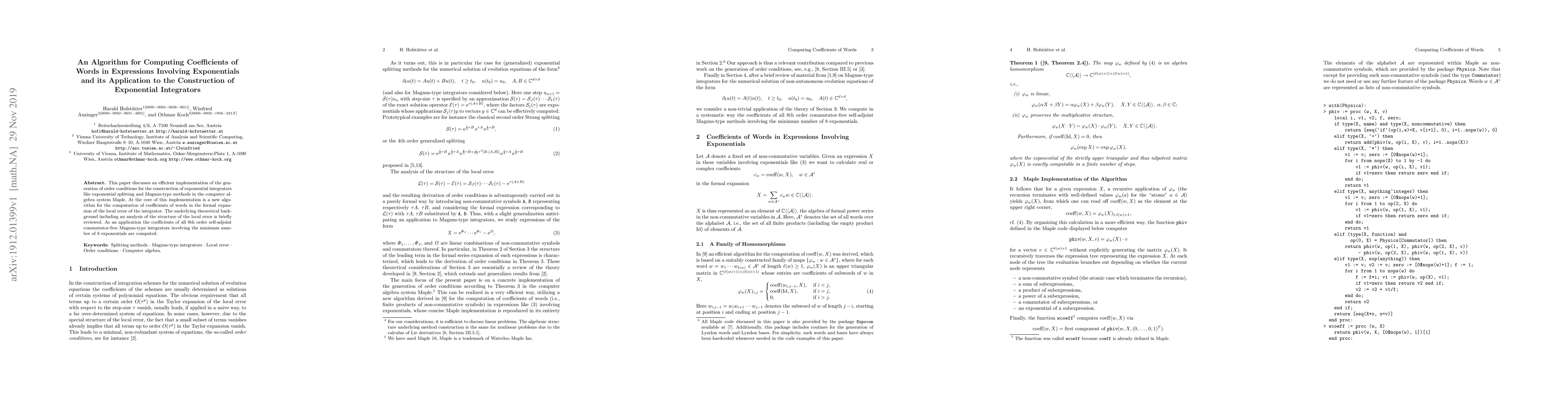 Thumbnail for An Algorithm for Computing Coefficients of Words in Expressions
  Involving Exponentials and its Application to the Construction of Exponential
  Integrators