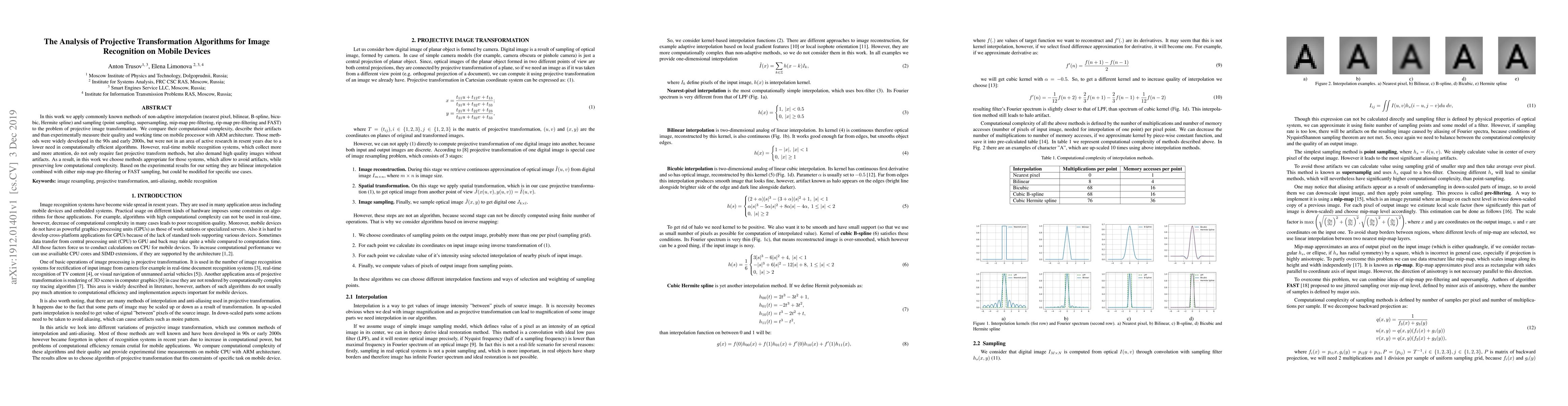 Thumbnail for The Analysis of Projective Transformation Algorithms for Image
  Recognition on Mobile Devices