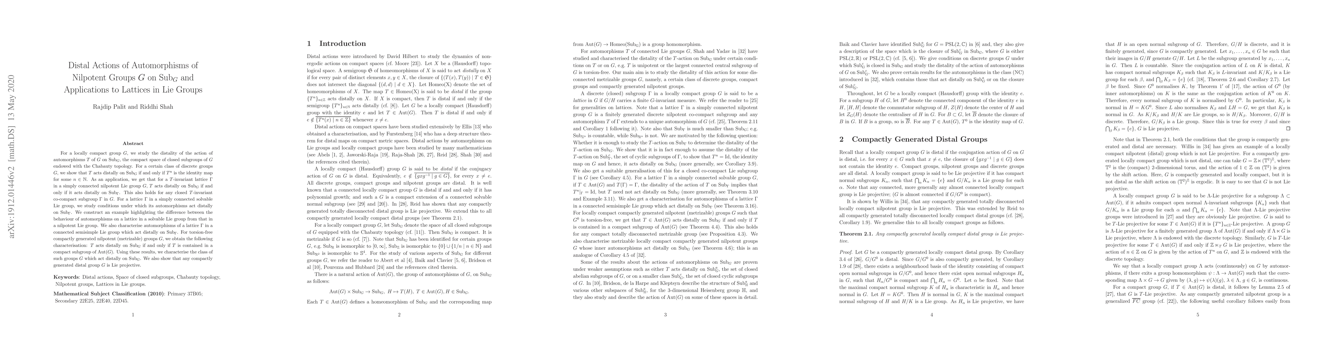 Thumbnail for Distal Actions of Automorphisms of Nilpotent Groups $G$ on Sub_$G$ and
  Applications to Lattices in Lie Groups