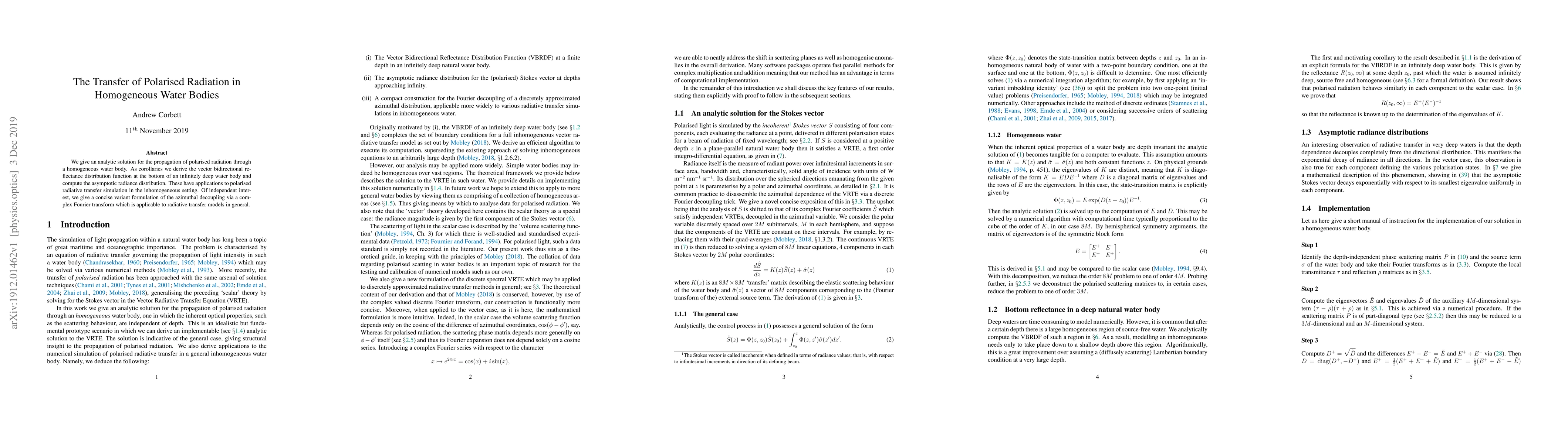 Thumbnail for The Transfer of Polarised Radiation in Homogeneous Water Bodies