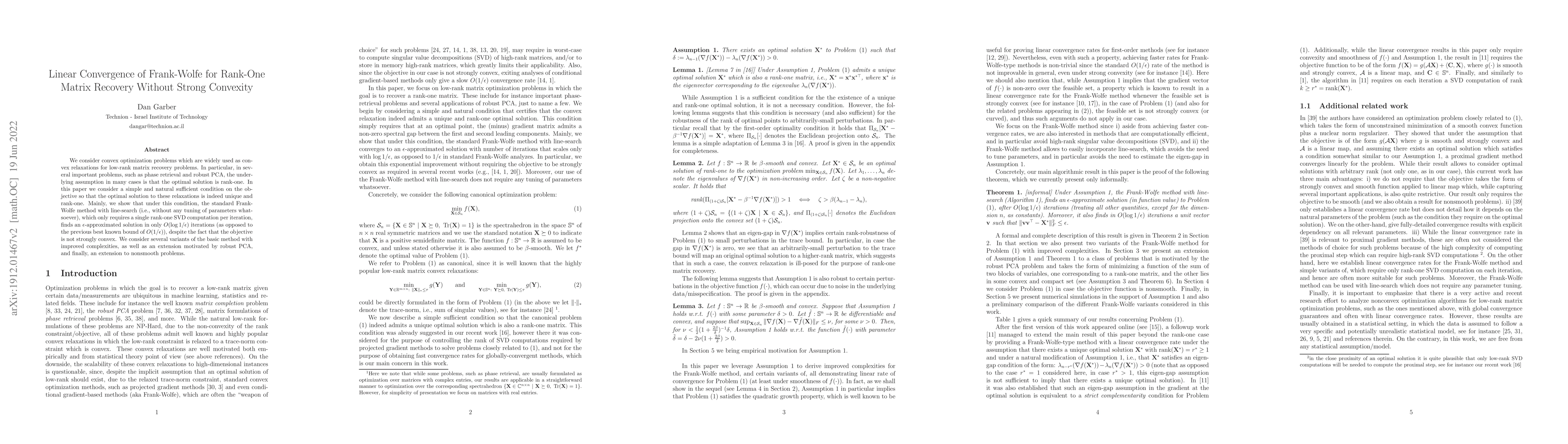 Thumbnail for Linear Convergence of Frank-Wolfe for Rank-One Matrix Recovery Without
  Strong Convexity
