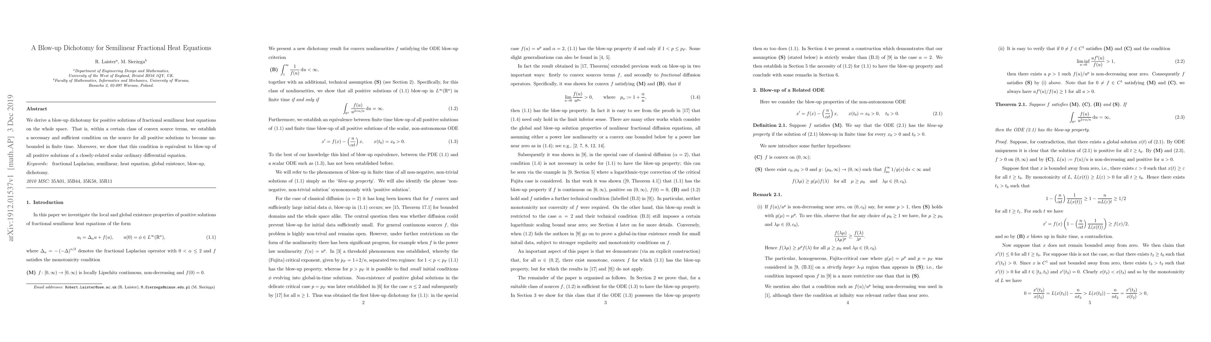Thumbnail for A Blow-up Dichotomy for Semilinear Fractional Heat Equations