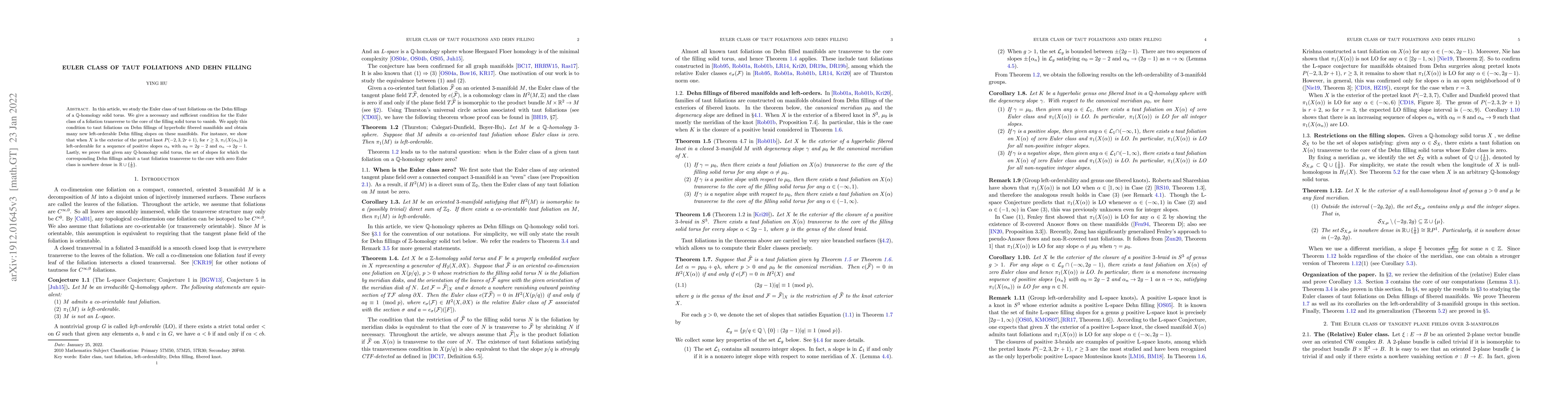 Thumbnail for Euler class of taut foliations and Dehn filling