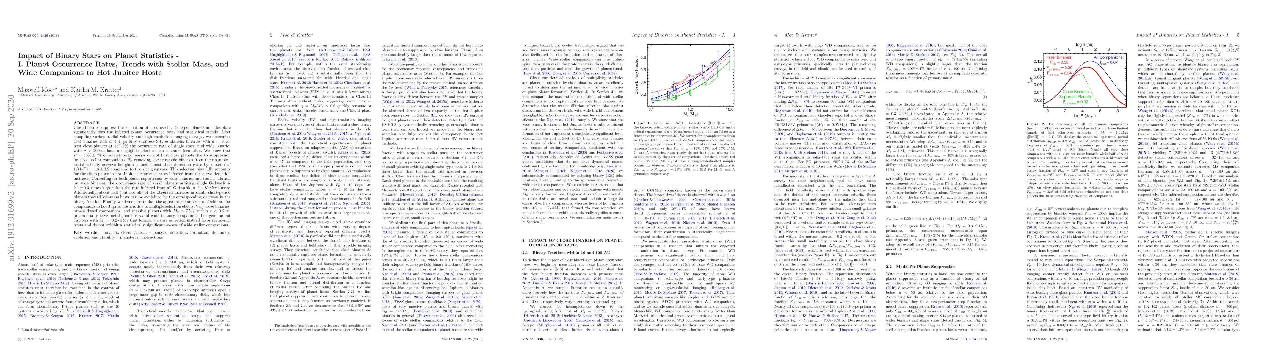 Thumbnail for Impact of Binary Stars on Planet Statistics -- I. Planet Occurrence
  Rates, Trends with Stellar Mass, and Wide Companions to Hot Jupiter Hosts
