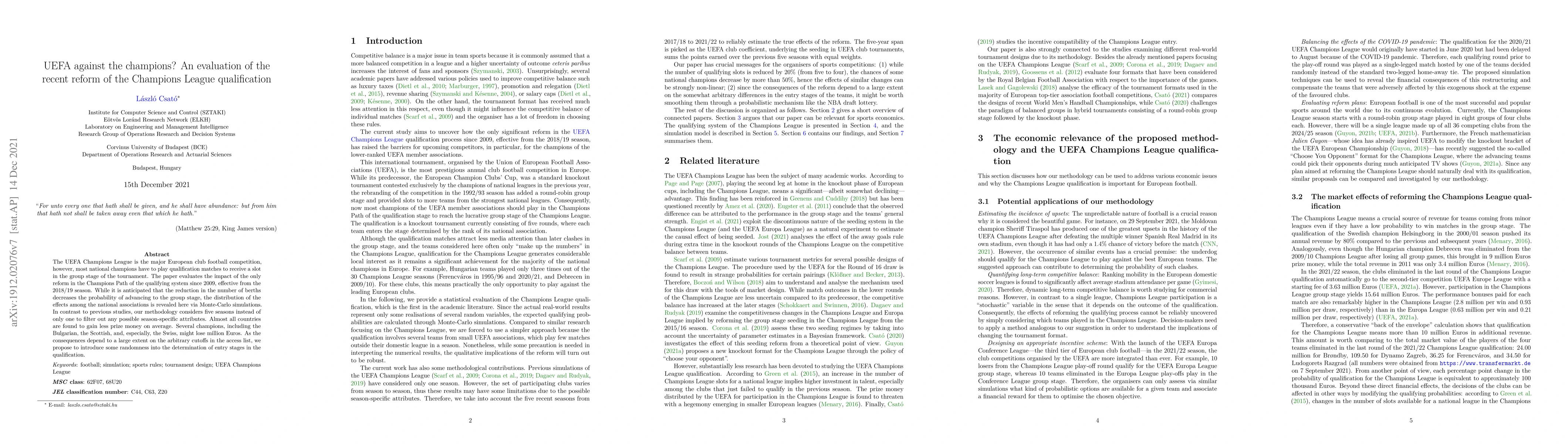 Thumbnail for UEFA against the champions? An evaluation of the recent reform of the
  Champions League qualification