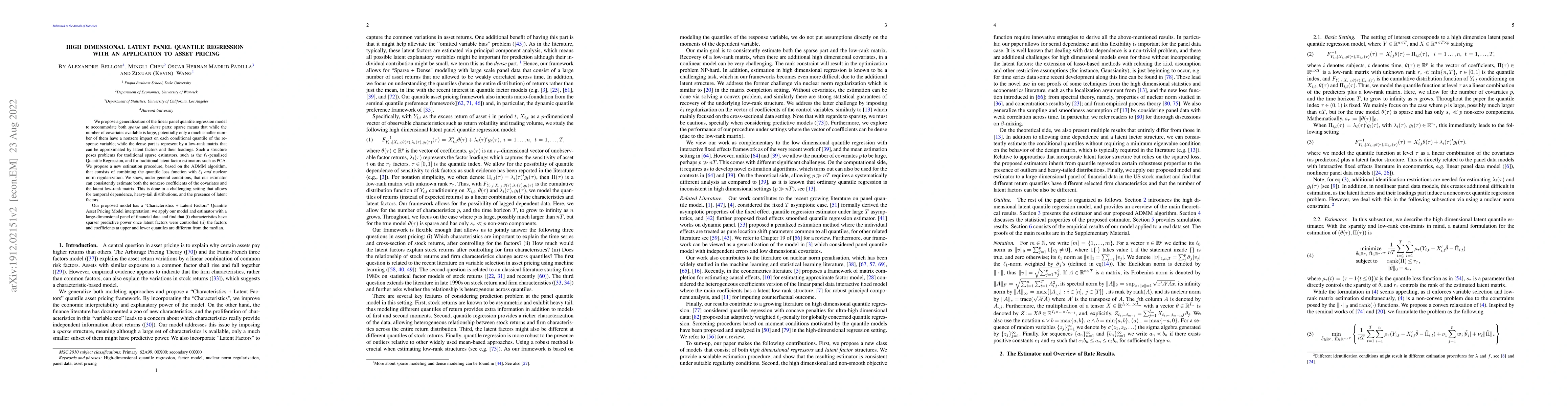 Thumbnail for High Dimensional Latent Panel Quantile Regression with an Application to
  Asset Pricing