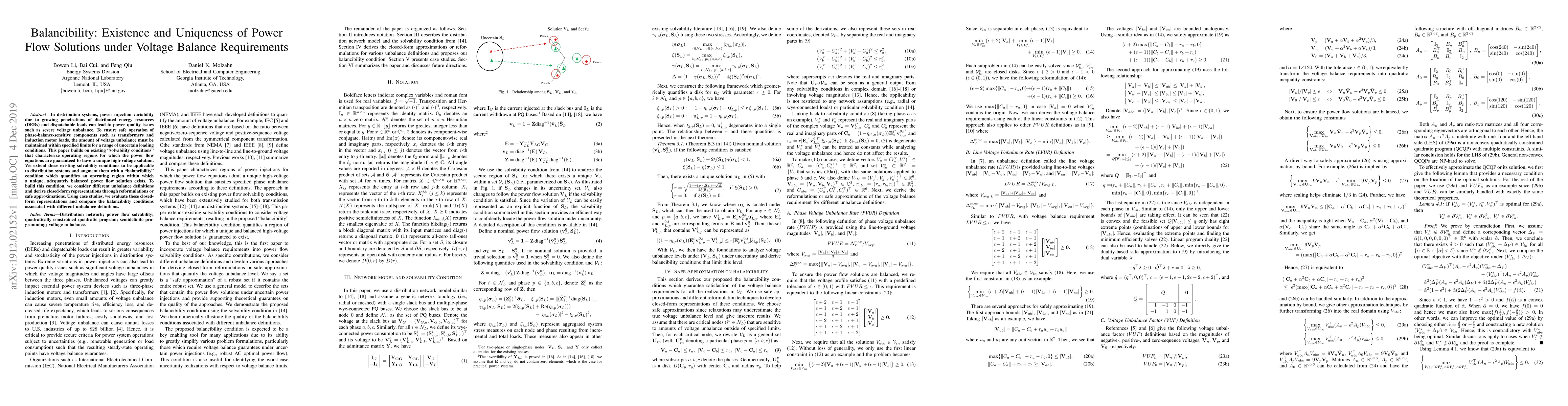 Thumbnail for Balancibility: Existence and Uniqueness of Power Flow Solutions under
  Voltage Balance Requirements