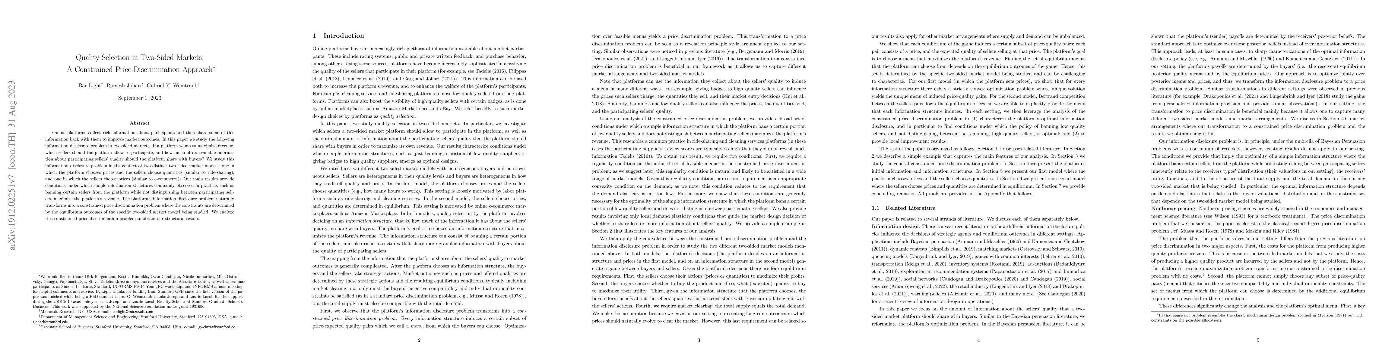 Thumbnail for Quality Selection in Two-Sided Markets: A Constrained Price
  Discrimination Approach