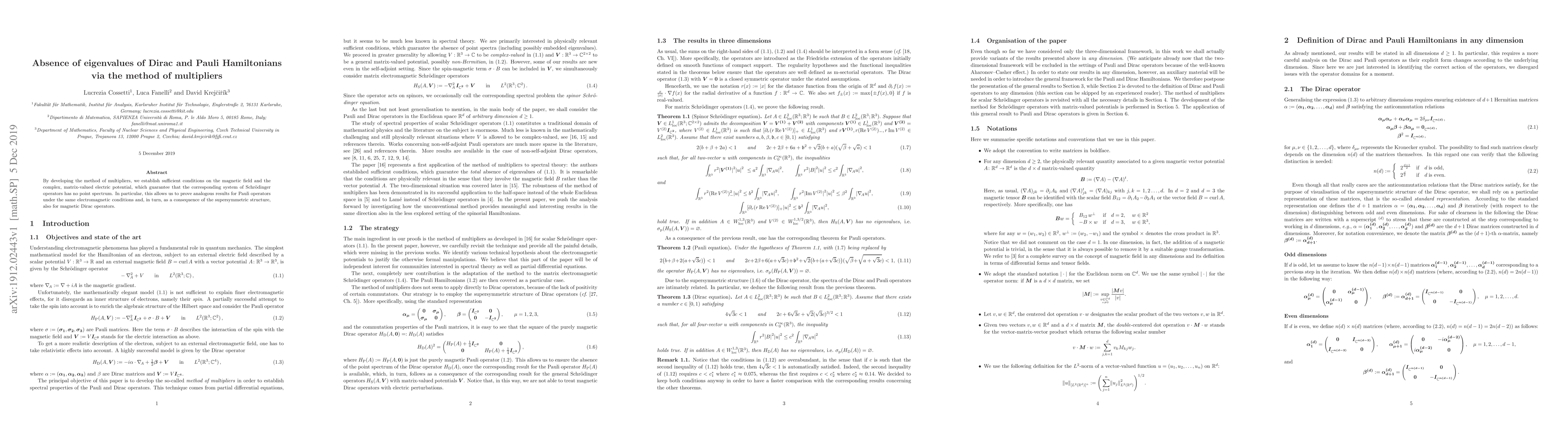 Thumbnail for Absence of eigenvalues of Dirac and Pauli Hamiltonians via the method of
  multipliers