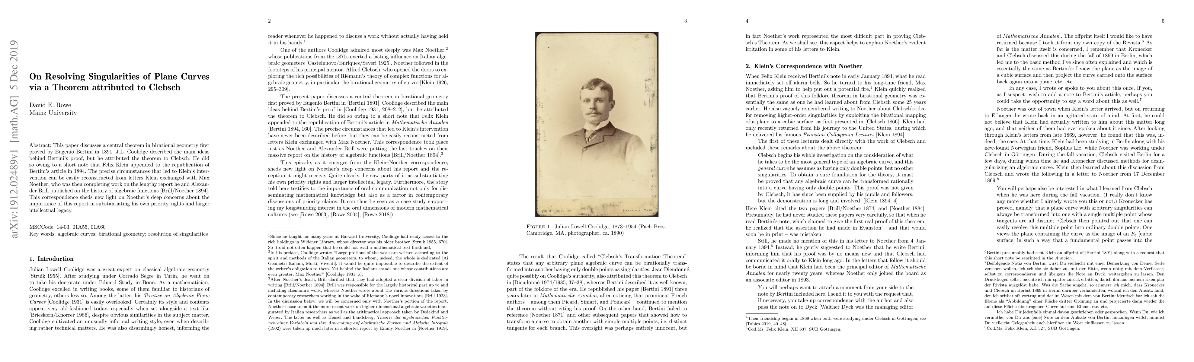 Thumbnail for On Resolving Singularities of Plane Curves via a Theorem attributed to
  Clebsch