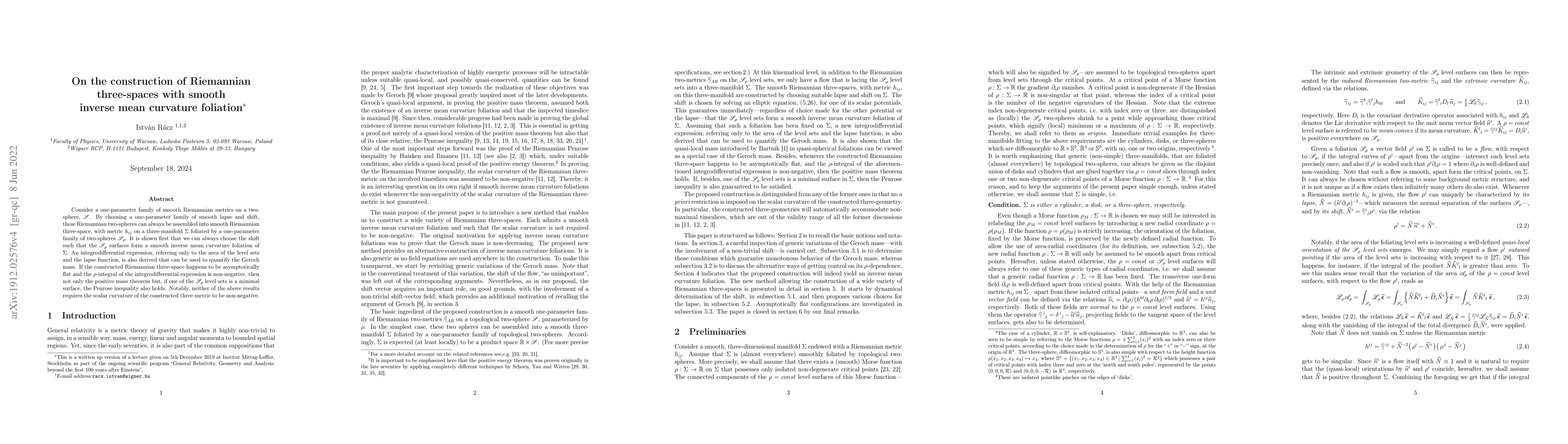 Thumbnail for On the construction of Riemannian three-spaces with smooth inverse mean
  curvature foliation