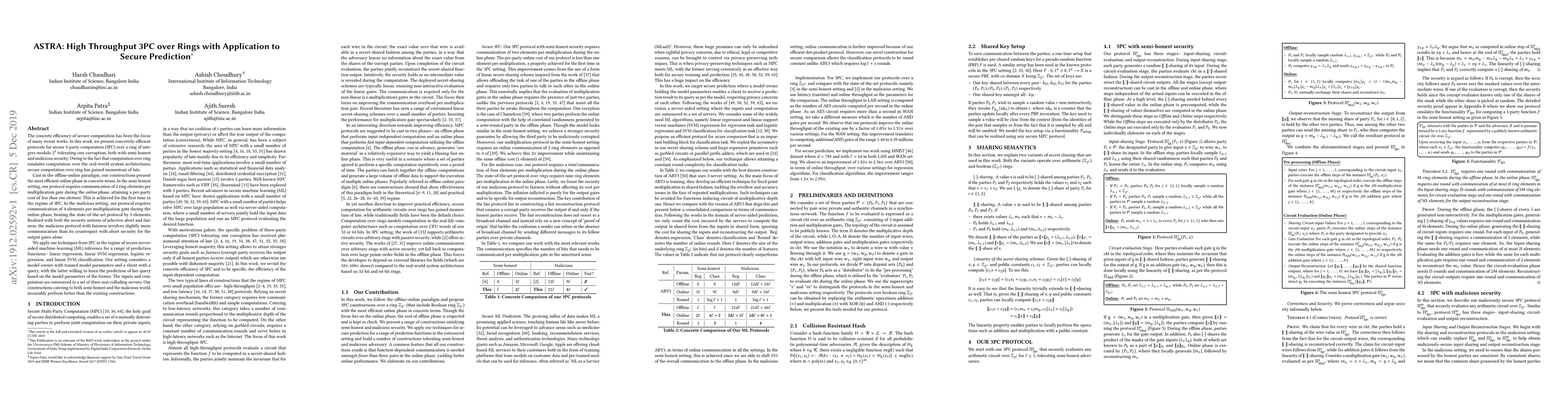 Thumbnail for ASTRA: High Throughput 3PC over Rings with Application to Secure
  Prediction