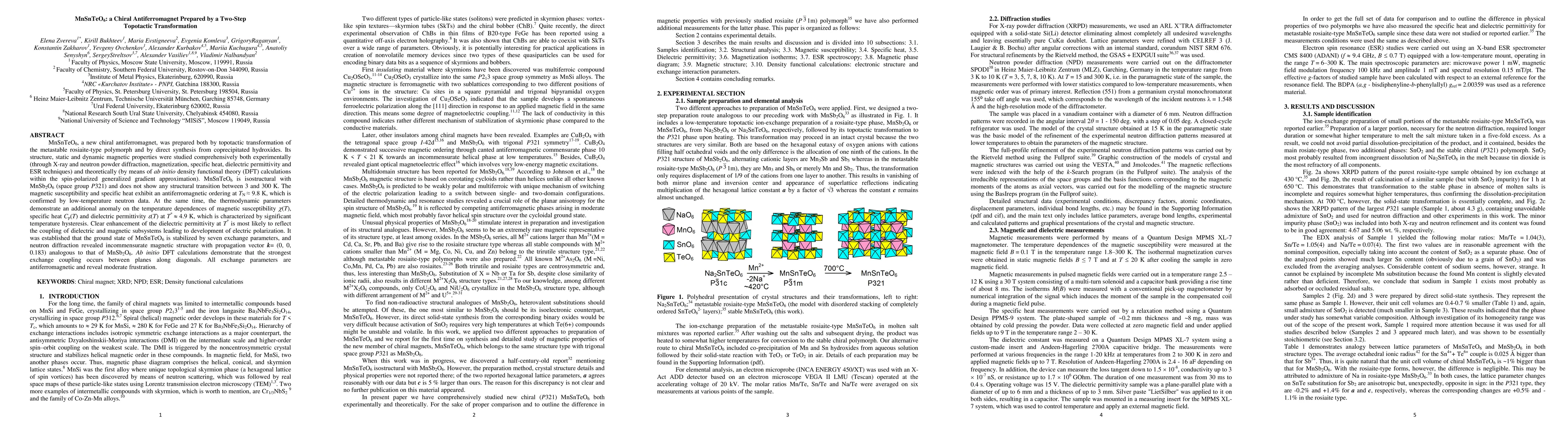 Thumbnail for MnSnTeO6: a Chiral Antiferromagnet Prepared by a Two-Step Topotactic
  Transformation
