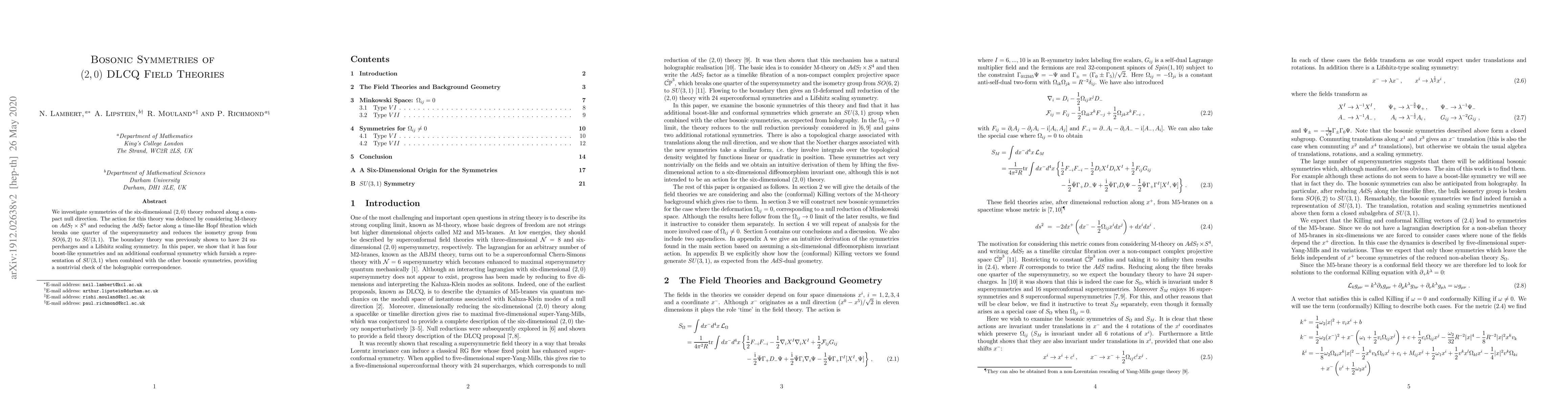 Thumbnail for Bosonic Symmetries of $(2,0)$ DLCQ Field Theories