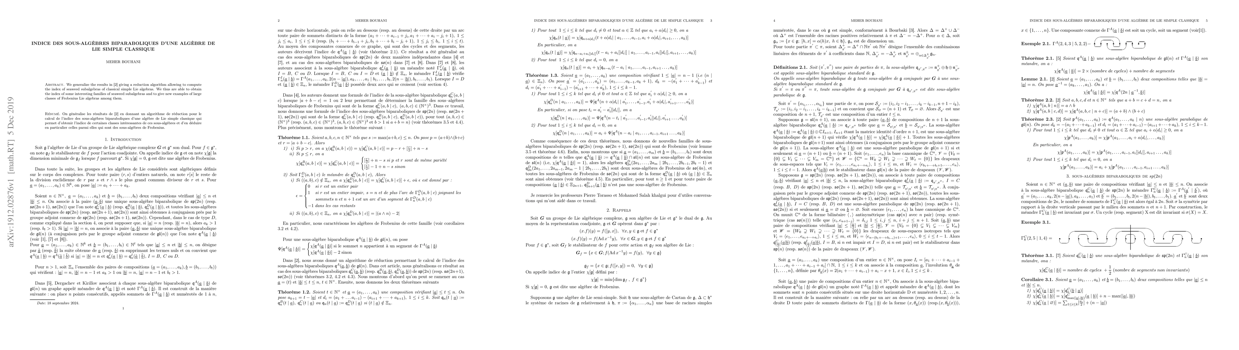Thumbnail for Indice des sous-alg\`ebres biparaboliques d'une alg\`ebre de Lie simple
  classique