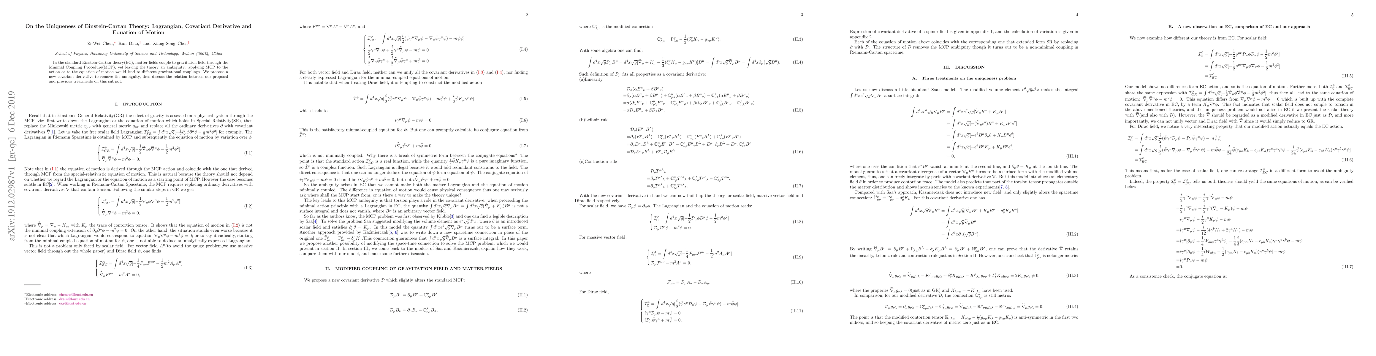 Thumbnail for On the Uniqueness of Einstein-Cartan Theory: Lagrangian, Covariant
  Derivative and Equation of Motion