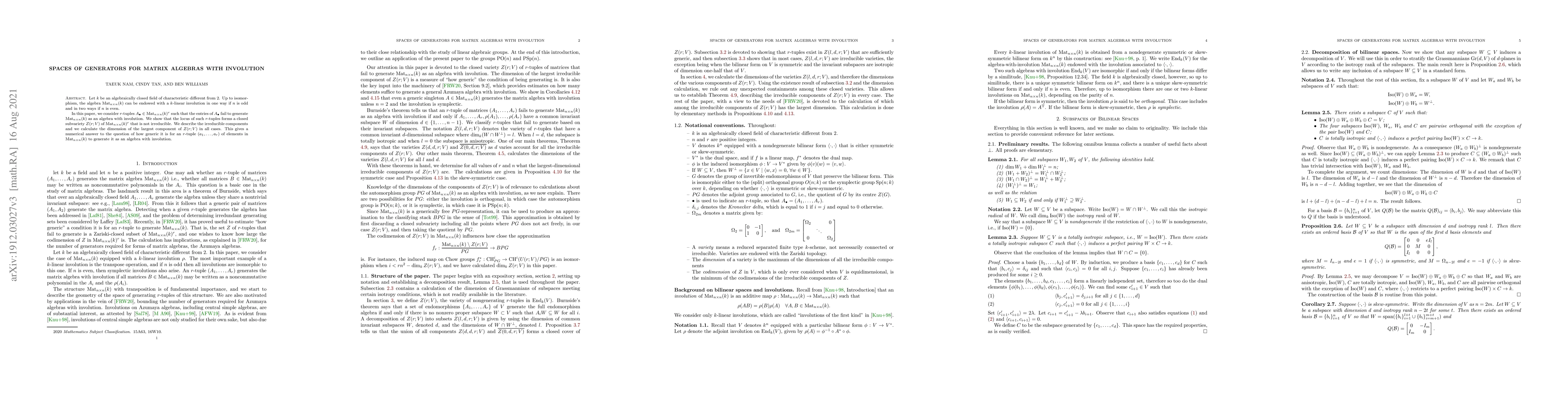 Thumbnail for Spaces of generators for matrix algebras with involution