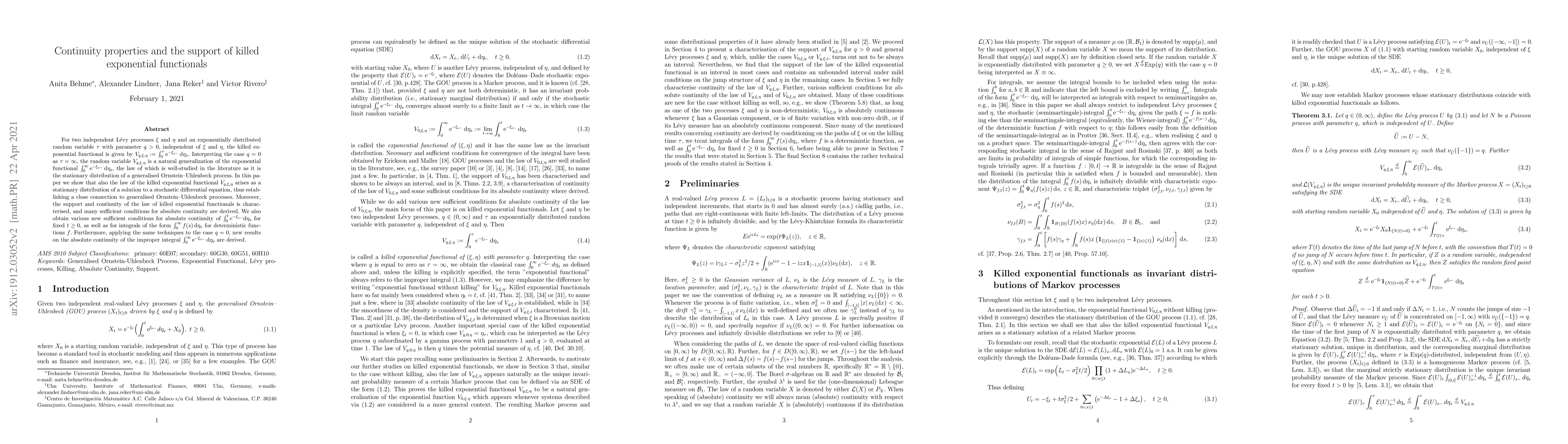 Thumbnail for Continuity properties and the support of killed exponential functionals
