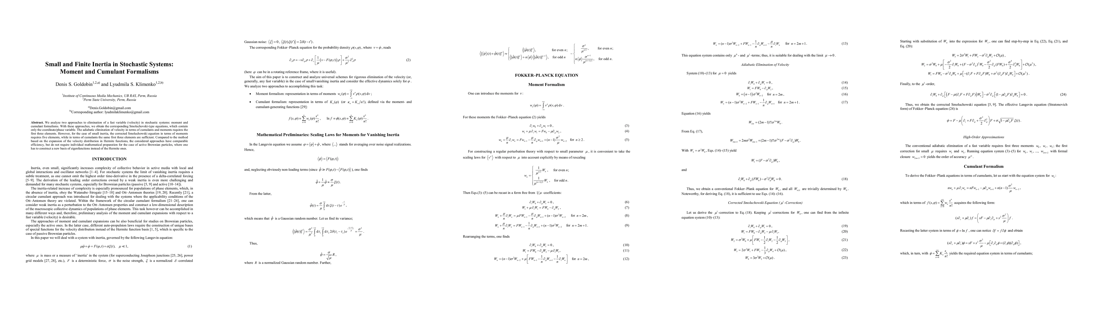 Thumbnail for Small and Finite Inertia in Stochastic Systems: Moment and Cumulant
  Formalisms